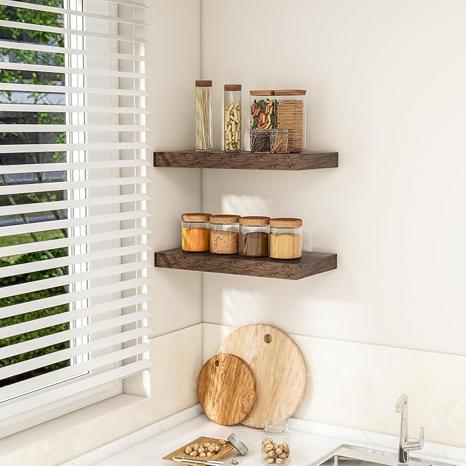 RICHFOCUS 16Inch Floating Shelves for Wall 2 Pack Shelves for Bedroom|Kitchen|Bathroom Wall Mounted Rustic Wood Floating Shelf with Invisible Brackets for Books|Storage|Decor, Rustic Brown-Ruum Studio Home
