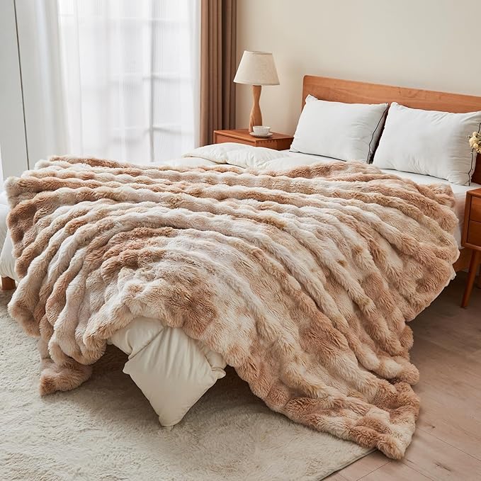 RYNGHIPY Faux Rabbit Fur Bed Throws Fluffy Warm Throw Blanket for Sofa Couch Soft Plush Decorative Blanket Thick and Heavy Cute Bubble Furry Blanket (Light Tan, 63''x79'')-Ruum Studio Home