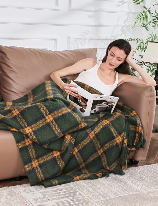 ZonLi Green Plaid Throw Blanket for Couch, Fall Plaid Blanket for Home Decor, Soft Lightweight Cozy All Season Decorative Vintage Blankets with Tassel for Bed and Sofa, 50'' x 60''-Ruum Studio Home