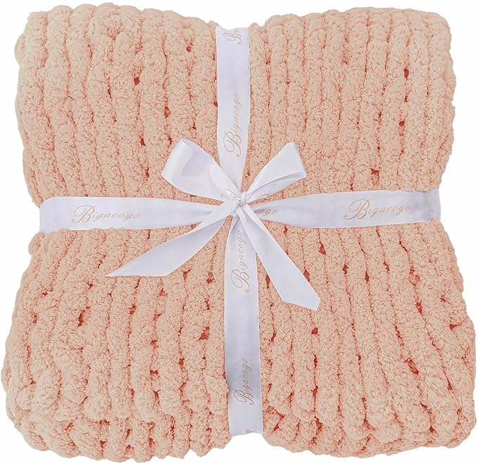 Bigacogo Chunky Knit Throw Blanket for Couch, 51x63 inches, 100% Hand Knitted with Thick Jumbo Chenille Yarn, Cozy Soft Large Rope Knot Cable Crochet Blankets for Sofa Bed Living Room, Peach Fuzz-Ruum Studio Home