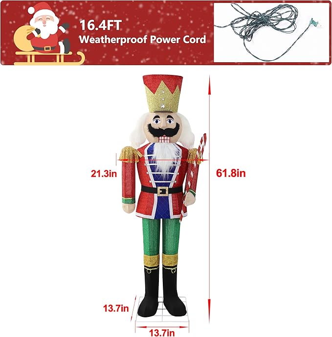 5FT Lighted Nutcracker with Candy Cane for Christmas Decoration, 3D Pre-Lit Iridescent Soldier Xmas Decor with 100 Warm White Lights, Glittered Standing Holiday Display for Outdoor, Indoor-Ruum Studio Home