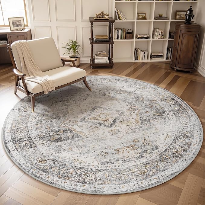 AMOAMI-6FT Round Rug-Rugs for Living Room-Vintage Soft Grey Rugs for Bedroom-Non Slip Circle Rug-Machine Washable Rug for Dining Room Living Room Bedroom Office Under Table-Ruum Studio Home