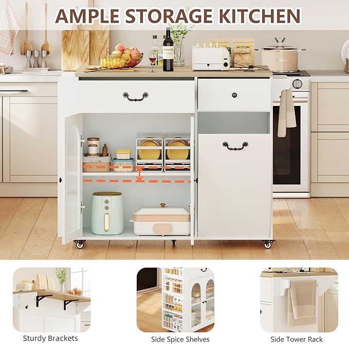 Kitchen Island with Drop Leaf & Power Outlet, Rolling Kitchen Island on Wheels with Trash Can Storage, Island Table Bar Cart with Spice Rack, Towel Rack, Drawers, Mobile Kitchen Carts on Wheels-Ruum Studio Home
