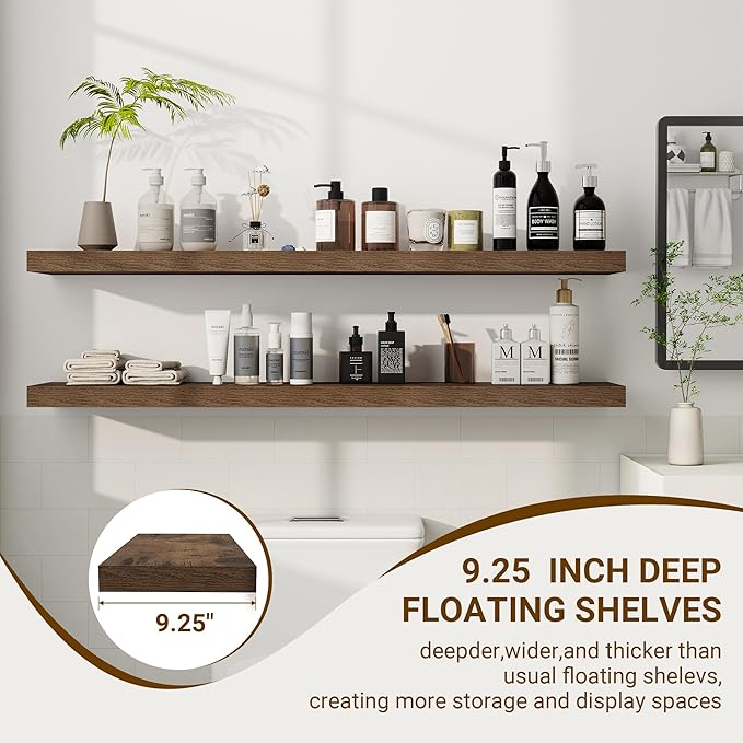 48 Inch Floating Shelves, 48"x9.25"x1.5" Inch Deep Floating Shelves for Wall, Wooden Shelves for Bathroom, Bedroom, Living Room, Brown-Ruum Studio Home