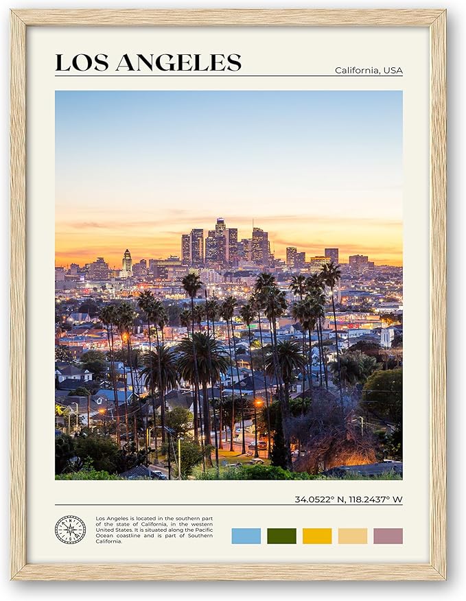 HesenDot Natural OAK Wood Los Angeles Cityscape Framed Wall Art,12x16in City Skyline Canvas Wall Print,Modern Urban Landmark Wall Decor for Living Room,Bedroom,Office Gallery Gifts Set of 1-Ruum Studio Home