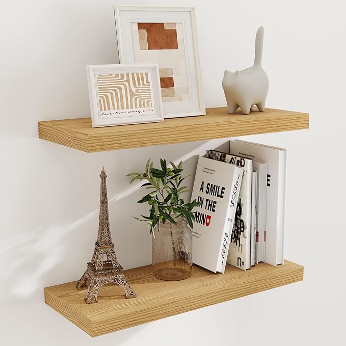 24 x 9 Floating Shelves, 9 Inch Deep Floating Shelf Wall Mounted, 24 Inch Bathroom Shelves Set of 2, Rustic Wood Wall Shelf for Bedroom, Living Room, Oak Color-Ruum Studio Home
