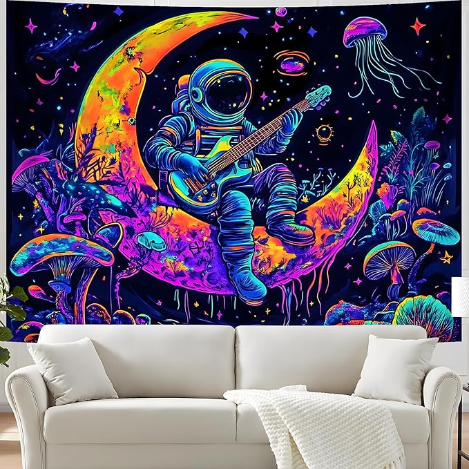 BVBOX Astronaut Space Blacklight Tapestry 79"x59", UV Reactive Astronaut Guitar Moon Universe Galaxy Planet Glow in Dark Music Tapestries, Black Light Neon Upright Poster Wall Hanging Backdrop Decor for Bedroom Living Room-Ruum Studio Home