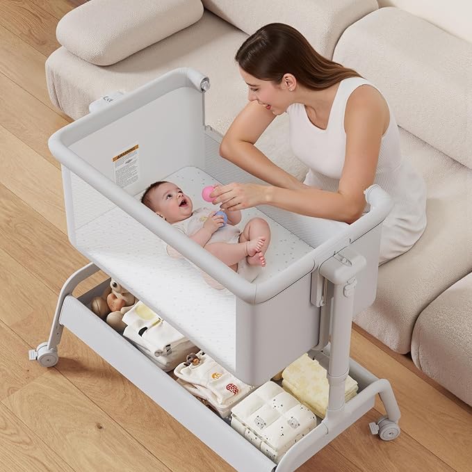 3-in-1 Baby Bassinet, Rocking Bassinet, Bedside Bassinet for Baby, Stable and Secure Bassinet Bedside Sleeper for Newborn & Infant, 6 Height Adjustable with Wheels, Mattress & Breathable Mesh-Ruum Studio Home