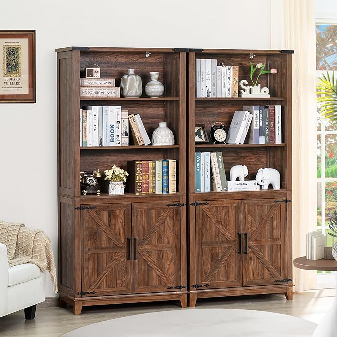 70in Tall Bookshelf 5 Tier Bookcase with Barn Doors and Adjustable Shelves, Brown Farmhouse Book Shelf with Storage Cabinet, Wood Freestanding Display Bookshelves for Bedroom, Kitchen (2PCS)-Ruum Studio Home