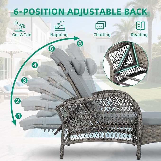 VIVIJASON Outdoor Wicker Chaise Lounge Chair Set of 2, All-Weather PE Rattan Cushioned Patio Lounger Chairs, 6-Position Adjustable Outside Pool Sunbathing Recliner with Armrest & Pillow, Gray-Ruum Studio Home