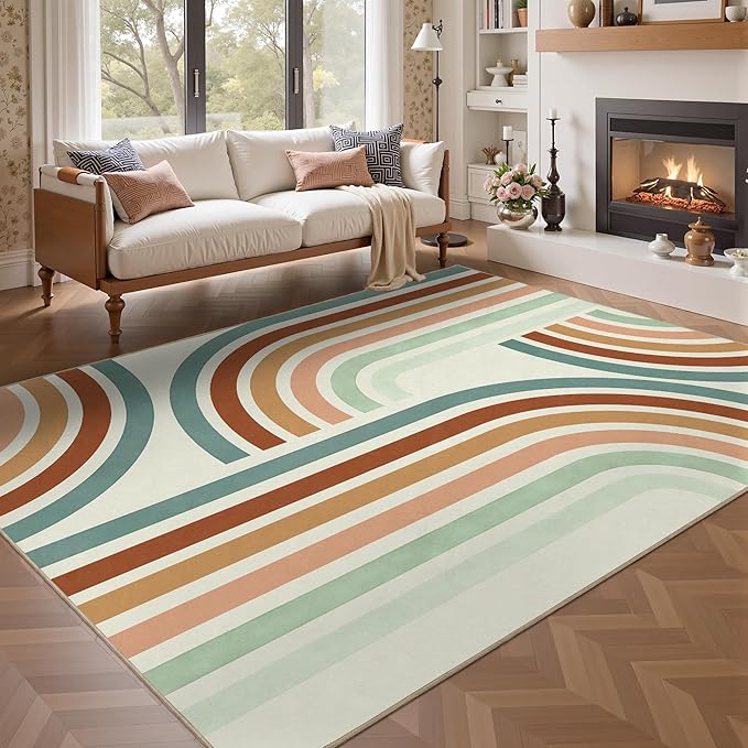 Indoor Outdoor Area Rug, Mid Century Modern Multicolored Outdoor Patio Rug,Washable Abstract Art Rainbow Rugs Non-Slip Carpet for Camping, Bedroom, Deck(8x10)-Ruum Studio Home