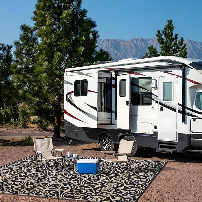 OLANLY Outdoor Rug Waterproof 6x9 ft Clearance, Reversible Outdoor Plastic Straw Rug with Floral Pattern, RV Mat for Patio, Camping, Balcony, Deck, Backyard, Black & Beige-Ruum Studio Home