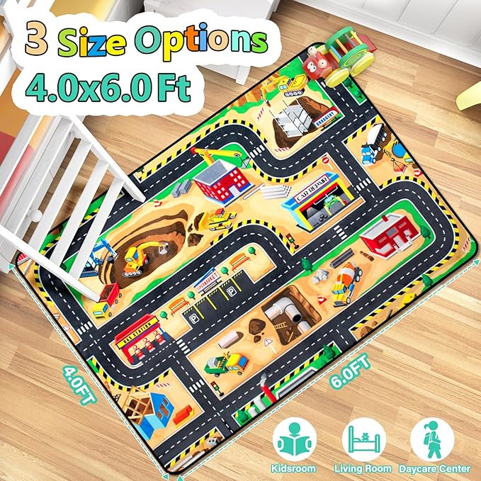 Kids 4x6 Ft Construction Site Play Rug, Baby Play Mat, Tufted Wool & Rubber, Non-Slip, Stain & Fade Resistant, Machine Washable, Rustic Cartoon Construction Site Pattern-Ruum Studio Home