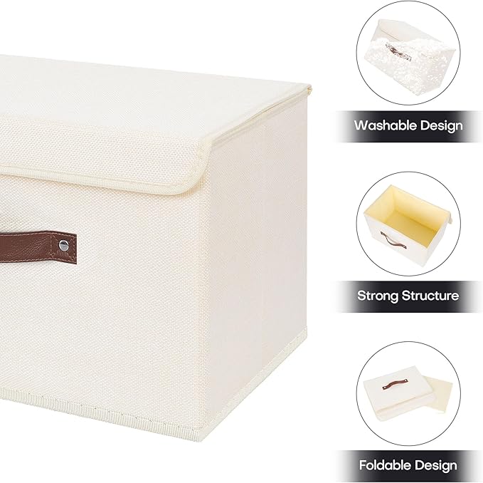 ANMINY 4PCS Storage Bins with Lid PU Leather Handles Storage Boxes PP Plastic Board Decorative Foldable Lidded Cotton Linen Fabric Home Cubes Baskets Closet Organizer Containers - Beige, Large Size-Ruum Studio Home