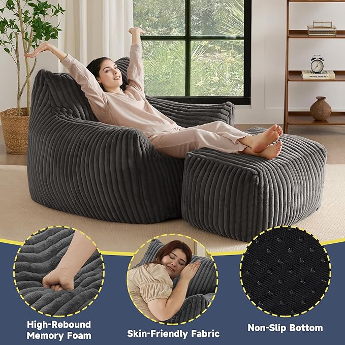 Giant Bean Bag Chairs for Adults, Oversized Chaise Lounge Chair Indoor with Memory Foam - Plush Boneless Lounger & Ottoman for Bedroom, Living Room, Gaming & Reading, Lazy Floor Sofa Chair, Gray-Ruum Studio Home
