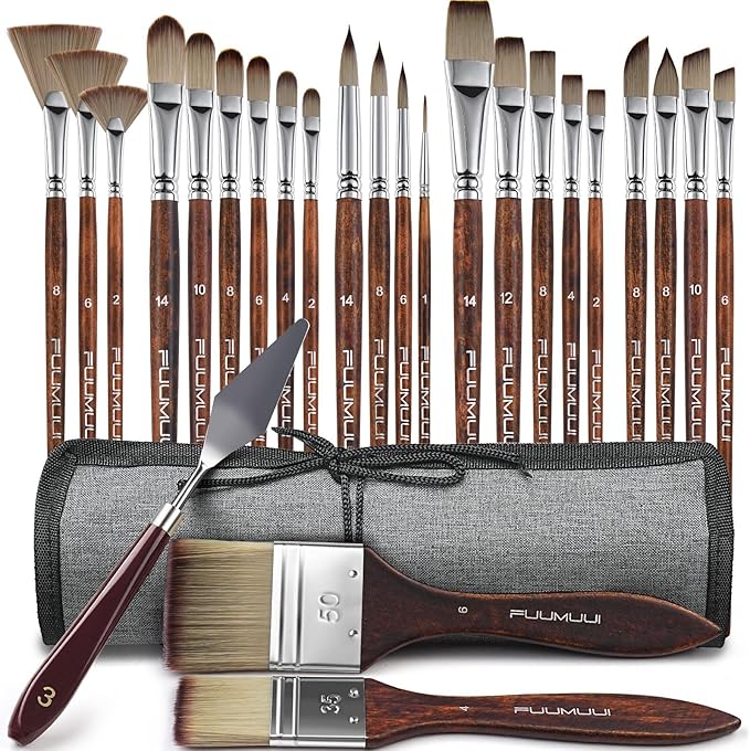 25pcs Paint Brush Set, Fuumuui Acrylic Paint Brushes, Professional Artist Series with Wide Flat, Filbert, Fan, Dagger, Cat Tongue, Round, Angle, Rigger for Oil, Acrylic Canvas Paintings, Face Painting-Ruum Studio Home