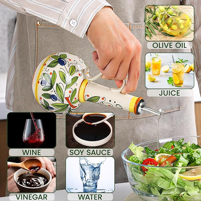 18 oz Ceramic Olive Oil Dispenser Bottle for Kitchen, Large Capacity Oli and Vinegar Cruet with Stainless Steel Spout, 540 ml Oil Container with Handle for Cooking Preventing, Vinegar Cruet-Ruum Studio Home