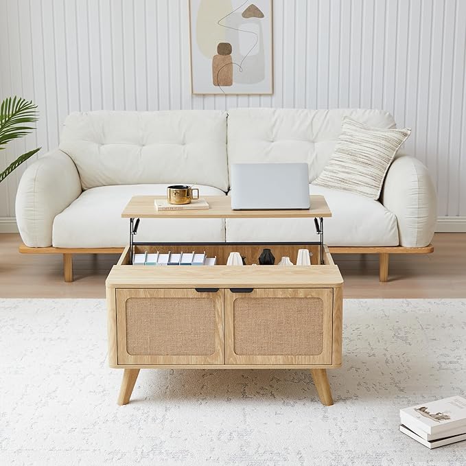 AVZEAR Wood Lift Top Coffee Table with Storage, Boho Modern Coffee Table with Nature Linen Doors & Large Hidden Storage, Rounded Corners Center Table Farmhouse Coffee Tables for Living Room, Natural-Ruum Studio Home