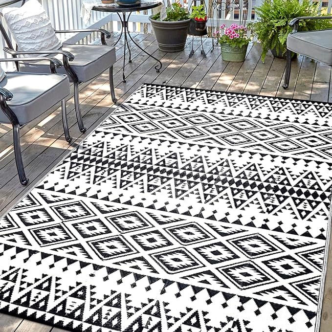 Waterproof Outdoor Rug 8x10ft, Bohemia Reversible Plastic Straw Mat for Patio RV Deck Porch Backyard Balcony Camping Picnic Beach Indoor Outdoor Carpet, Black&White-Ruum Studio Home