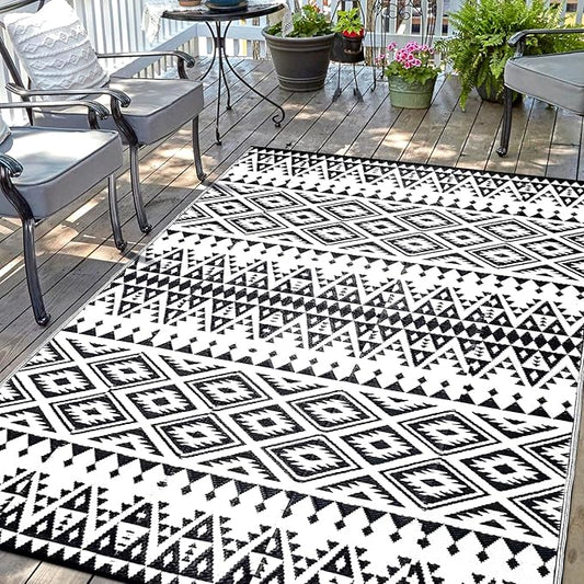 Waterproof Outdoor Rug 8x10ft, Bohemia Reversible Plastic Straw Mat for Patio RV Deck Porch Backyard Balcony Camping Picnic Beach Indoor Outdoor Carpet, Black&White-Ruum Studio Home