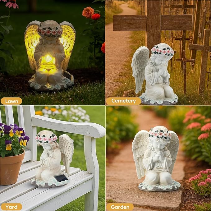 Solar Angel Prayer Statue, Memory Guardian Garden Decor with Warm Light - Religious Outdoor Decor, Auto On/Off LED Light, Memorial Gift for Cemetery, Patio & Gravesite-Ruum Studio Home