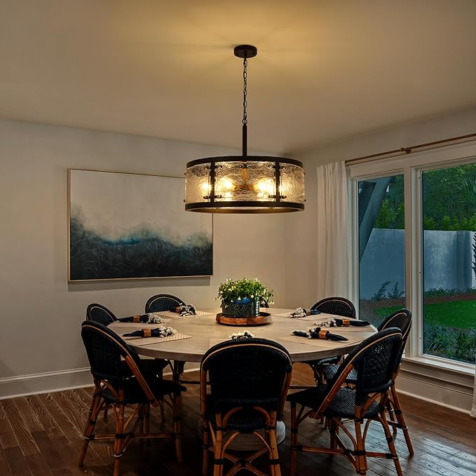 23.6" Large Farmhouse Drum Black Chandelier, 6-Light Vintage Round Glass Chandeliers for Dining Room, Industrial Light Fixture for Kitchen Living Room Stairwell, Clear Waterglass Drum Shade-Ruum Studio Home