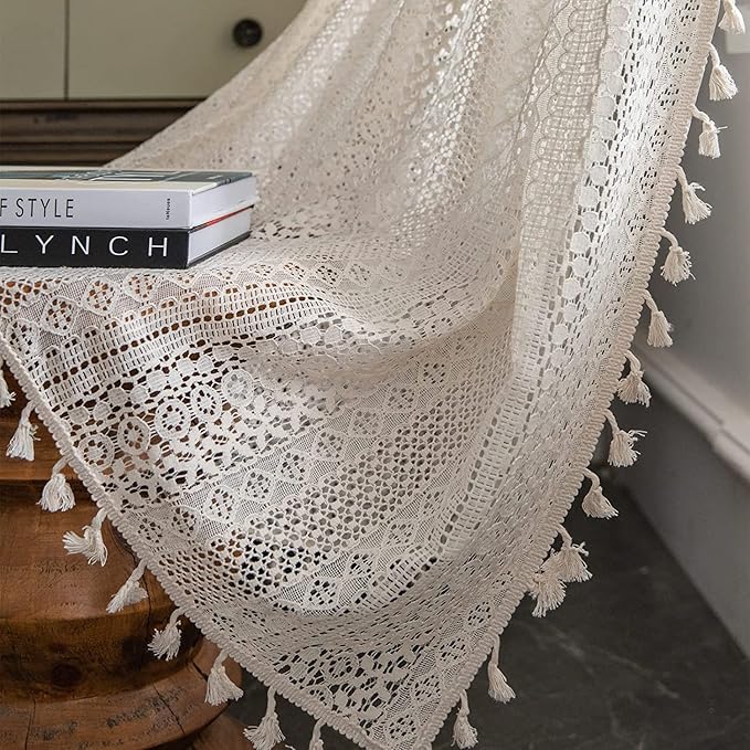 Sutuo Home Boho Sheer Curtain 108 Inches Long, Crochet Lace with Bohemian Hollow Knitted Handmade Tassels,Vintage Farmhouse Window Treatment for Bedroom, Rod Pocket, 1 Panel 59" W x 108" L, Beige-Ruum Studio Home