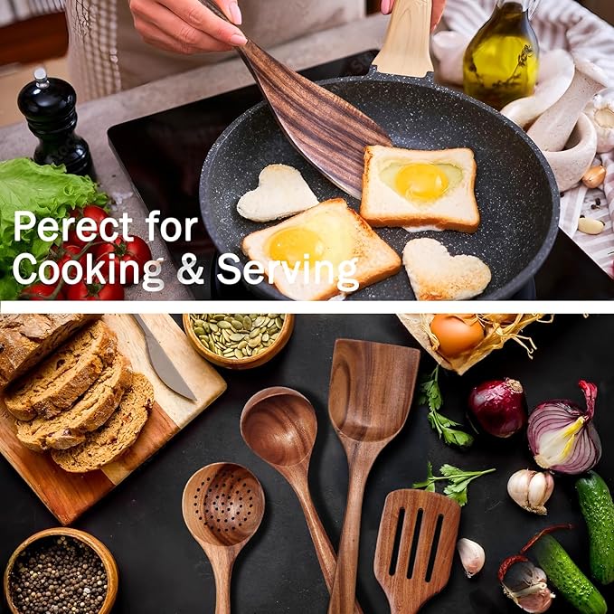 Wooden Spoons for Cooking 6 Piece, Natural Teak Kitchen Utensils Spatula, Smooth Finish Wooden Cooking Utensils Spoons, Filter Spoon, Salad Fork-Ruum Studio Home