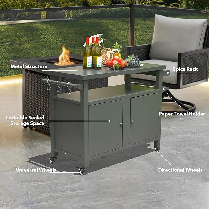 Domi Grill Carts Outdoor Storage Cabinet with Wheels, Metal Outdoor Grill Cart Kitchen Dining Table Cooking Prep BBQ Table for Patio, Kitchen Island, Home Party, Bar (Grey)-Ruum Studio Home