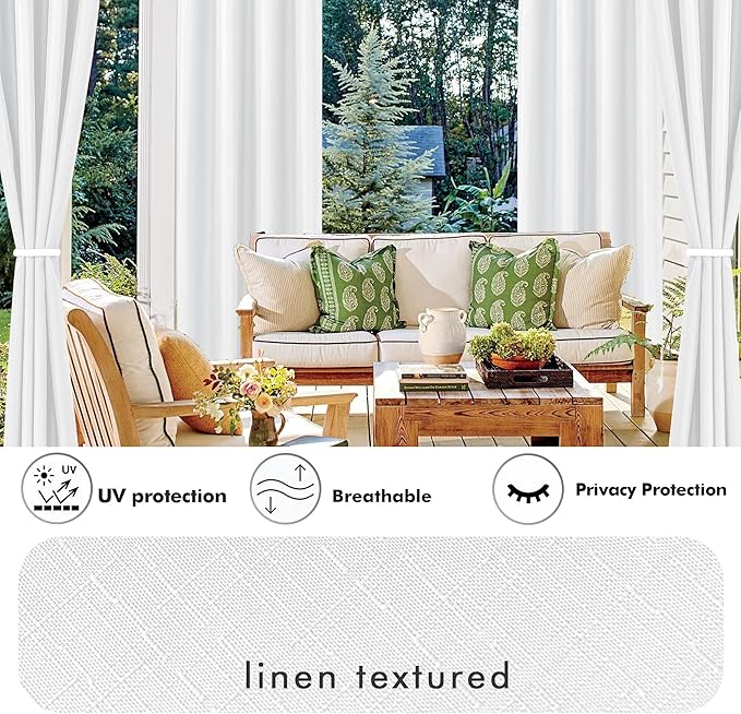 HolidayIdeas 4 Panels Linen Outdoor Curtains for Patio Waterproof White Curtain Panels 95 Inch Length-Wide Weatherproof, Privacy, Outside Curtains for Pergola, Porch, Gazebo-110 Wide x 95" Long-Ruum Studio Home