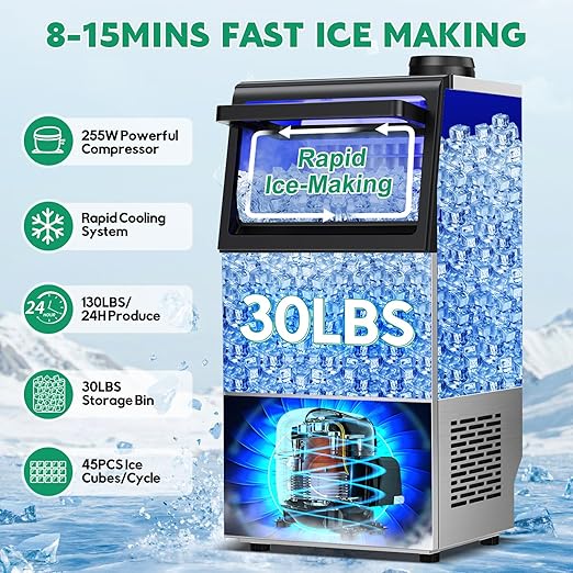 Commercial Ice Maker Machine 130Lbs/24H with 30Lbs Ice Capacity, 45Pcs Clear Ice Cubes Ready in 8-15Mins, Stainless Steel Under Counter Freestanding Large Ice Machine, 2 Water Inlet Modes-Ruum Studio Home