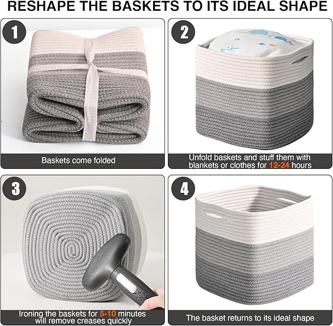 11 Inch Cube Storage Bins, Storage Cube Organizer Bins, Woven Cotton Rope Basket for Storage, Storage Baskets for Organizing Shelves, Grey Baskets for Toys, Gradient Grey (Pack of 3)-Ruum Studio Home