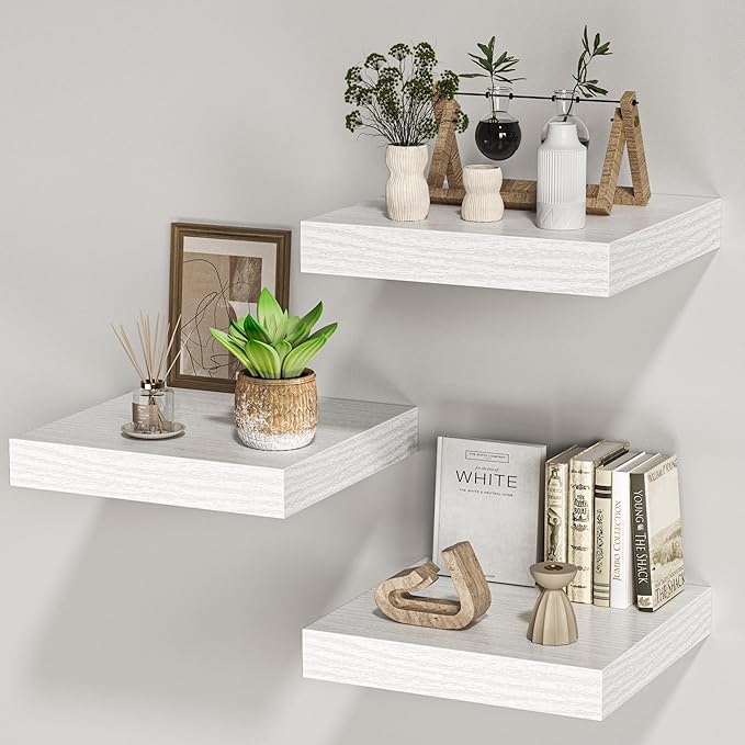 Square Floating Shelves for Wall, 12" W x 12" D x 1.2" H, Small Wooden Wall Mounted Display Shelves with Invisible Brackets for Living Room, Bedroom, Bathroom, Kitchen Decor, Set of 3, White-Ruum Studio Home