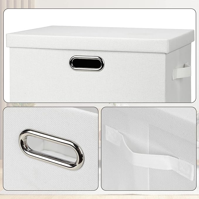 Large 17" 36 Quart Collapsible Stackable Storage Bins with Lids, 1 Pack White Foldable Fabric Closet Storage Boxes with Lids, 4 Handles Heavy-duty Linen Cube Baskets for Bedroom-Ruum Studio Home