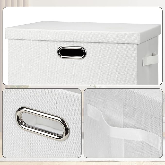 Large 17" 36 Quart Collapsible Stackable Storage Bins with Lids, 3 Packs White Linen Fabric Closet Boxes with Lids, Storage Cube Baskets Container Organizers for Bedroom Office(17 x12 x11)-Ruum Studio Home