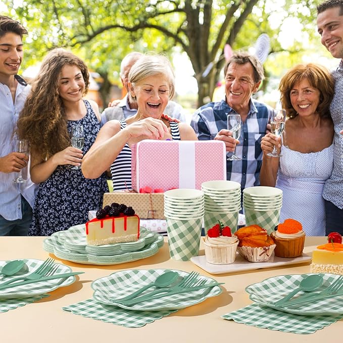 350 Pcs Sage Green Gingham Paper Plates and Napkins Party Supplies - Sage Green and White Checkered Plates Scalloped Plaid Plate for Birthday Dinner Picnic BBQ Party Decorations, Serve 50 Guests-Ruum Studio Home
