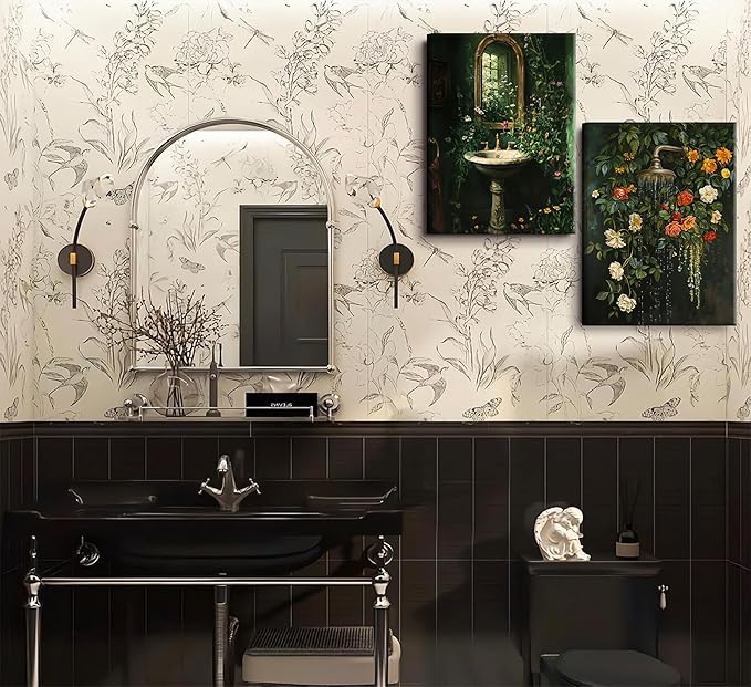 3Pcs Framed Vintage Dark Green Bathroom Wall Art Shower Toilet Paper Roll Floral Poster Print Modern Farmhouse plants Painting Picture Wall Decor For Bathroom Living Room Decoration-Ruum Studio Home