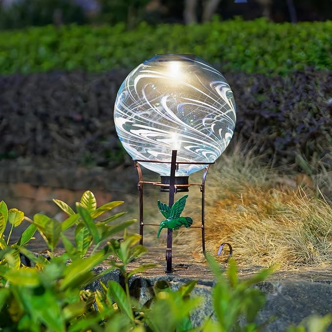 10 Inch Solar Glass Gazing Ball, with 9.4" Tall Metal Gazing Globe Stand, Solar Ball Lights Display Holder Set for Outdoor Garden Lawn Yard Decoration, Blue Water Ripple-Ruum Studio Home