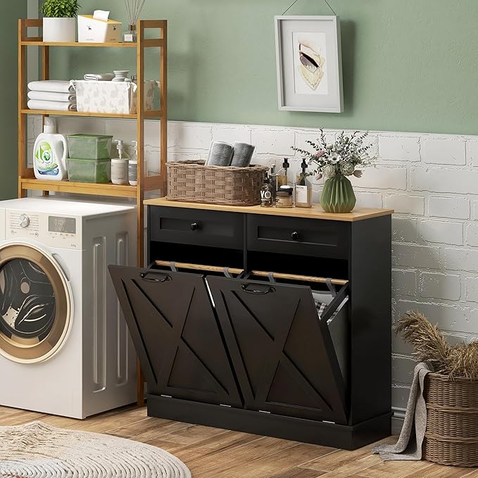 HOMCOM Tilt Out Laundry Hamper Cabinet with 2 Removable Baskets, Freestanding Bathroom Storage Cabinet with 2 Drawers, Trash Can Cabinet for Living Room, Laundry Room, Black-Ruum Studio Home