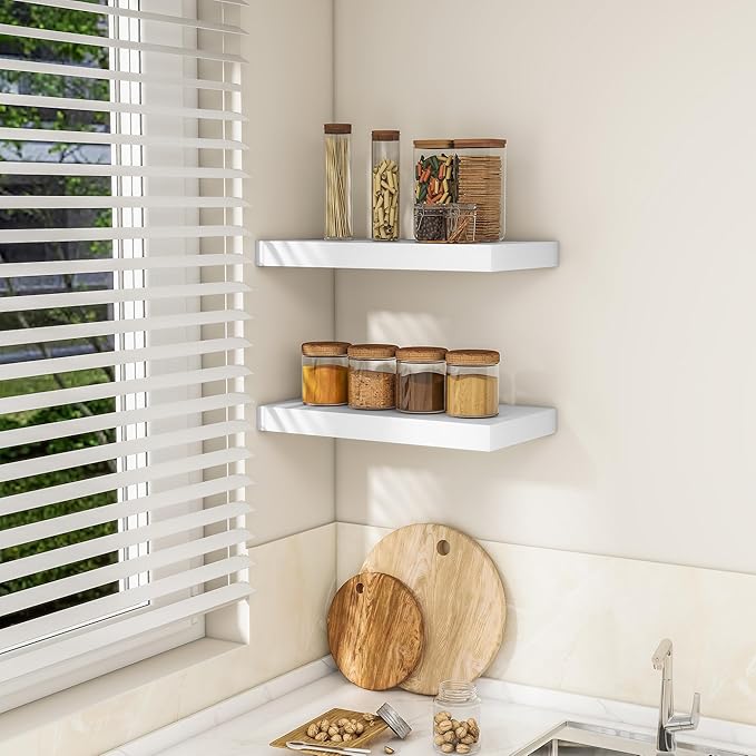 RICHFOCUS 16Inch Floating Shelves for Wall 2 Pack Shelves for Bedroom|Kitchen|Bathroom Wall Mounted Rustic Wood Floating Shelf with Invisible Brackets for Books|Storage|Decor, White-Ruum Studio Home