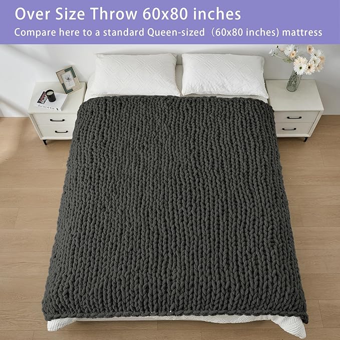 Bigacogo Chunky Knit Throw Blanket for Couch, 60x80 inches, 100% Hand Knitted with Thick Jumbo Chenille Yarn, Cozy Soft Large Rope Knot Cable Crochet Blankets for Sofa Bed Living Room, Dark Grey-Ruum Studio Home