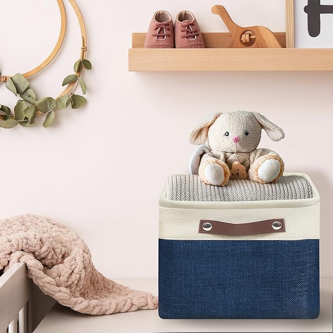 SIMPLE HOUSEWARE Large Fabric Storage Bin, 15" x 11" with Leather Like Handles, 3 Pack, Steel Blue-Ruum Studio Home
