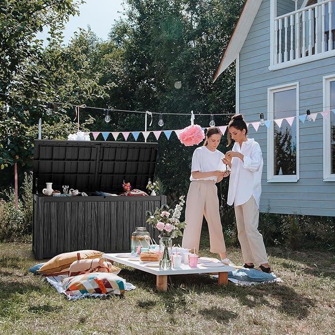 182 Gallon Deck Box Waterproof, UV Resistant Resin Outdoor Storage Box with Hydraulic Rod, Lockable Design and Enhanced Durability for Patio, Garden, and Poolside Use-Ruum Studio Home