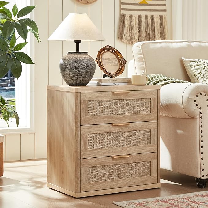 LEYAOYAO Boho Rattan Coffee Table and End Table Sets, 48" Wide Center Tables & 23" Night Stand with 3 Drawers, Natural Wood Coffee Table for Living Room 2 Piece Set-Ruum Studio Home
