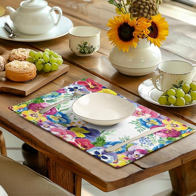 Watercolor Flowers Placemats Set of 4 Spring Summer Floral Butterfly Linen Fabric Table Mats Pansy Flower Eucalyptus Leaves Washable Place Mats for Farmhouse Dining Table Kitchen Decoration-Ruum Studio Home
