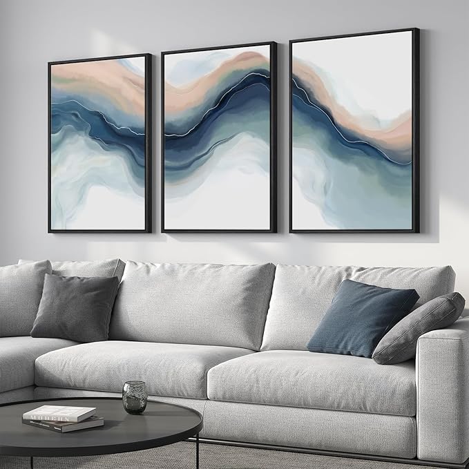 Large Framed Blue Abstract Landscape Wall Art for Living Room, 3 Piece Bright Pastel Canvas Prints Paintings, Modern Minimalist Artwork Watercolor Pictures for Bedroom, Hallway Wall Decor 24x36 In-Ruum Studio Home