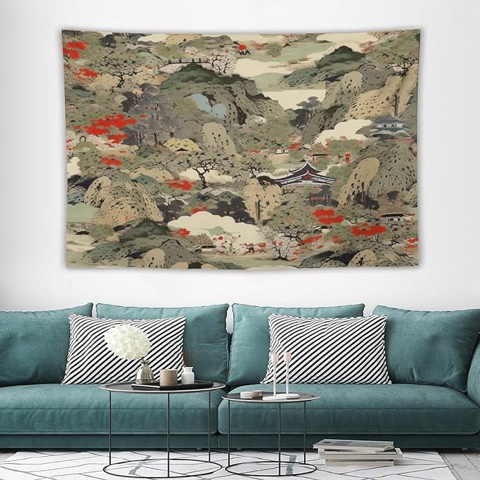 Asian Tapestry,Japanese Red Landscape Asian Watercolor Abstract Art Tapestry, Asian Japanese Wall Tapestry, Nature Landscape Tapestries for Bedroom Living Room Decor 60"x40"-Ruum Studio Home