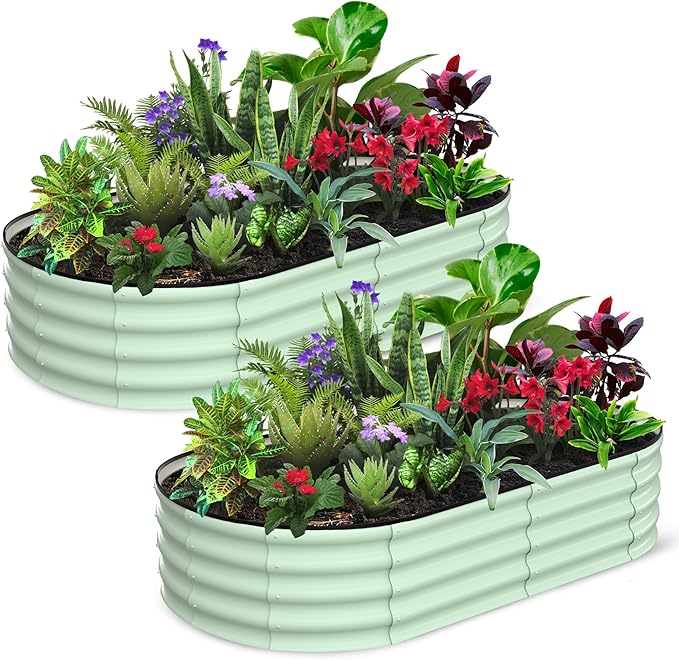 2 Pcs 6x3x1ft Oval Raised Garden Bed, Galvanized Raised Beds,Open-Ended Base Metal Raised Planter Beds,Garden Bed Outdoor,Planter Raised Boxes for Vegetables, Flowers,Tool-Free Asse,Green-Ruum Studio Home