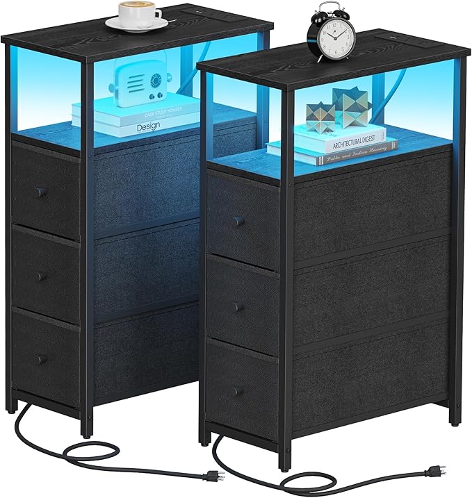 TUTOTAK Narrow LED Night Stand with Charging Station, Slim End Table with Plugins, Tall Side Table with 3 Fabric Drawer, Small Bedside Table with Storage, Set of 2, for Living Room, Black TB01BK073L-Ruum Studio Home