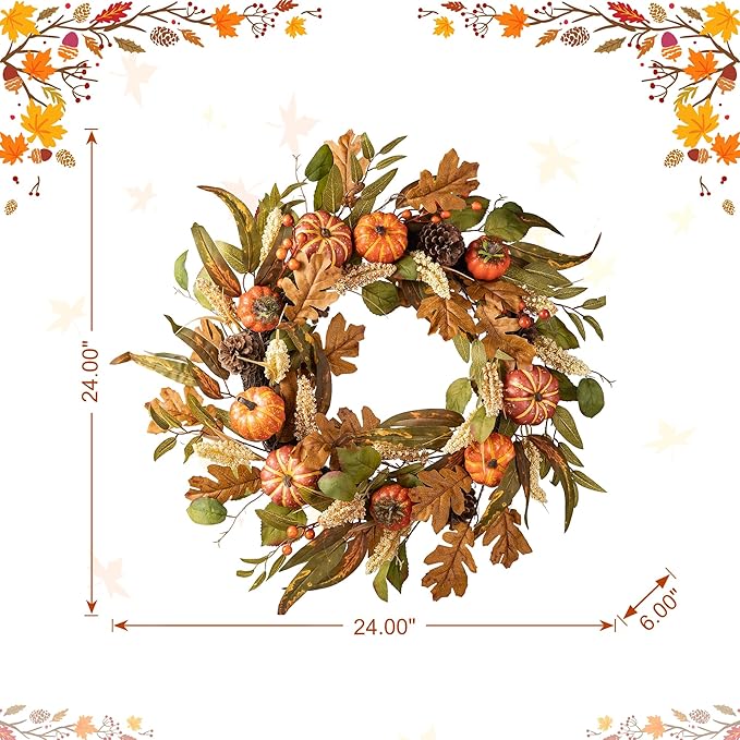 Glitzhome 24''D Fall Pumpkin Leaf Floral Wreath Decor, Artificial Harvest Door Wreath for Autumn or Thanksgiving Decoration-Ruum Studio Home
